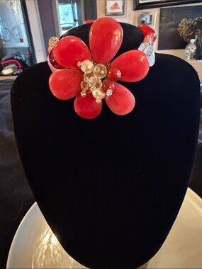 Source Unknown Red Floral Statement Bracelet